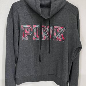 Victorias Secret Pink Campus Cowl Neck Sweater Jacket Top Grey Plaid Foil XS